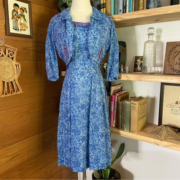 Vintage Dresses & Skirts - Vintage 1950s Cay Artley blue polka dot dress and jacket set